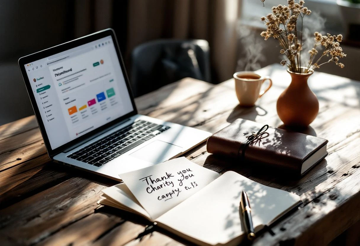 Quiet moment of philanthropy at a sunlit desk