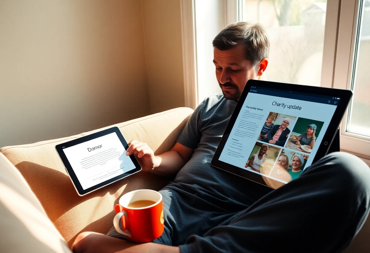 Donor reading impact stories on a phone with a tablet showing charity update