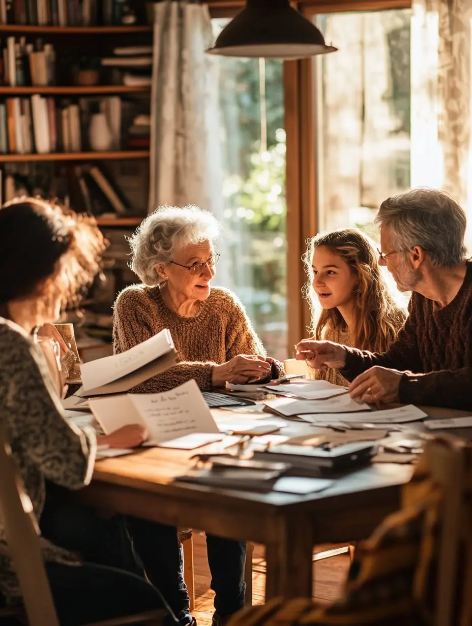 A multi-generational family planning their giving together around the table